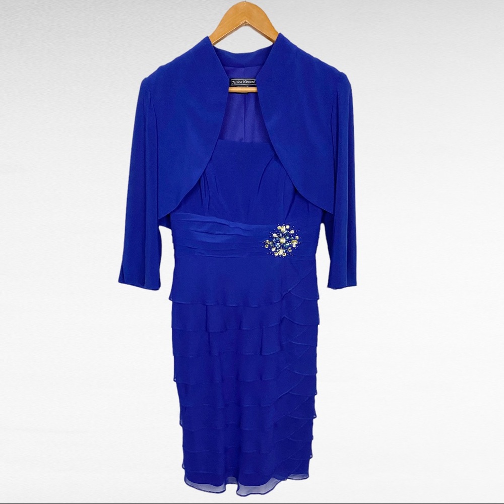 Jessica Howard | Royal Blue Strapless Layered Cocktail Dress & Cropped Bolero - Picture 13 of 16